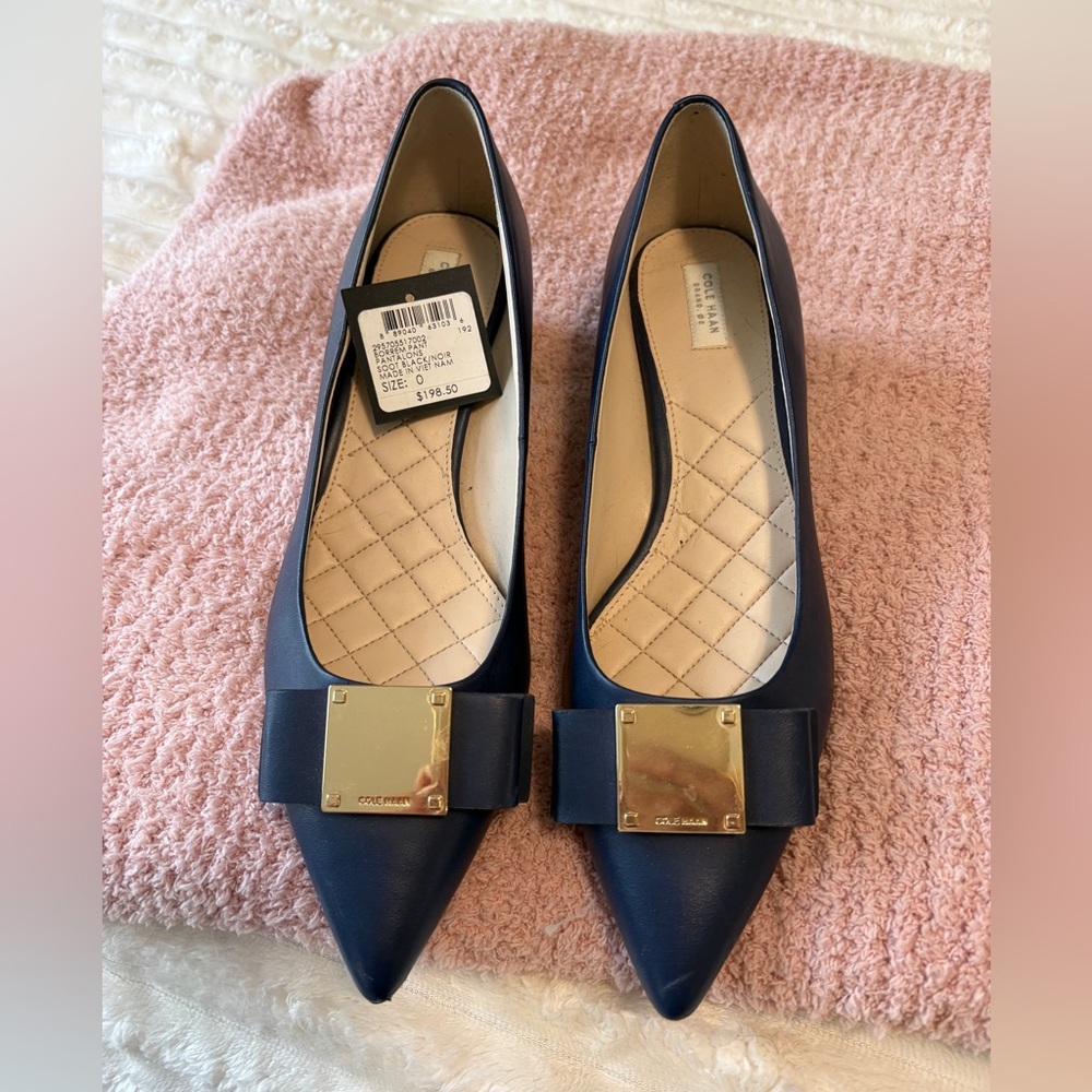 Cole Haan Navy Leather Pointed-Toe Flats with Gold Plaque